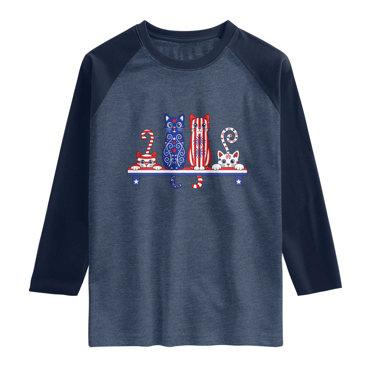 Red White And Blue Cute Cats Raglan Shirt Patriotic Pet Lover TS12 Heather Denim Navy Print Your Wear