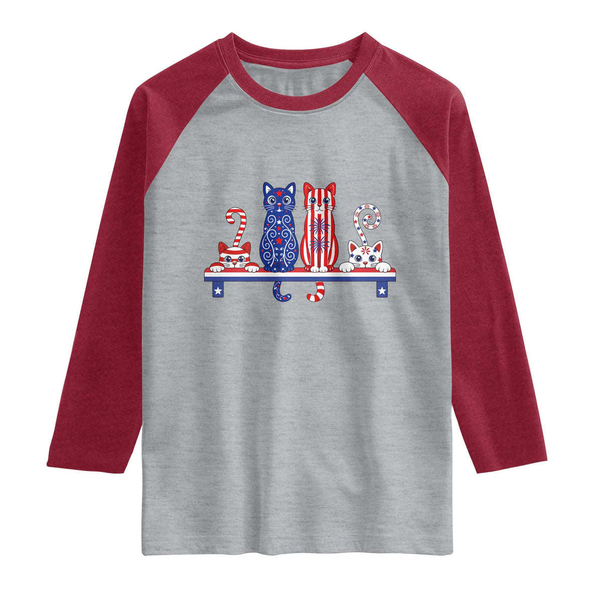 Red White And Blue Cute Cats Raglan Shirt Patriotic Pet Lover TS12 Heather Gray Heather Red Print Your Wear