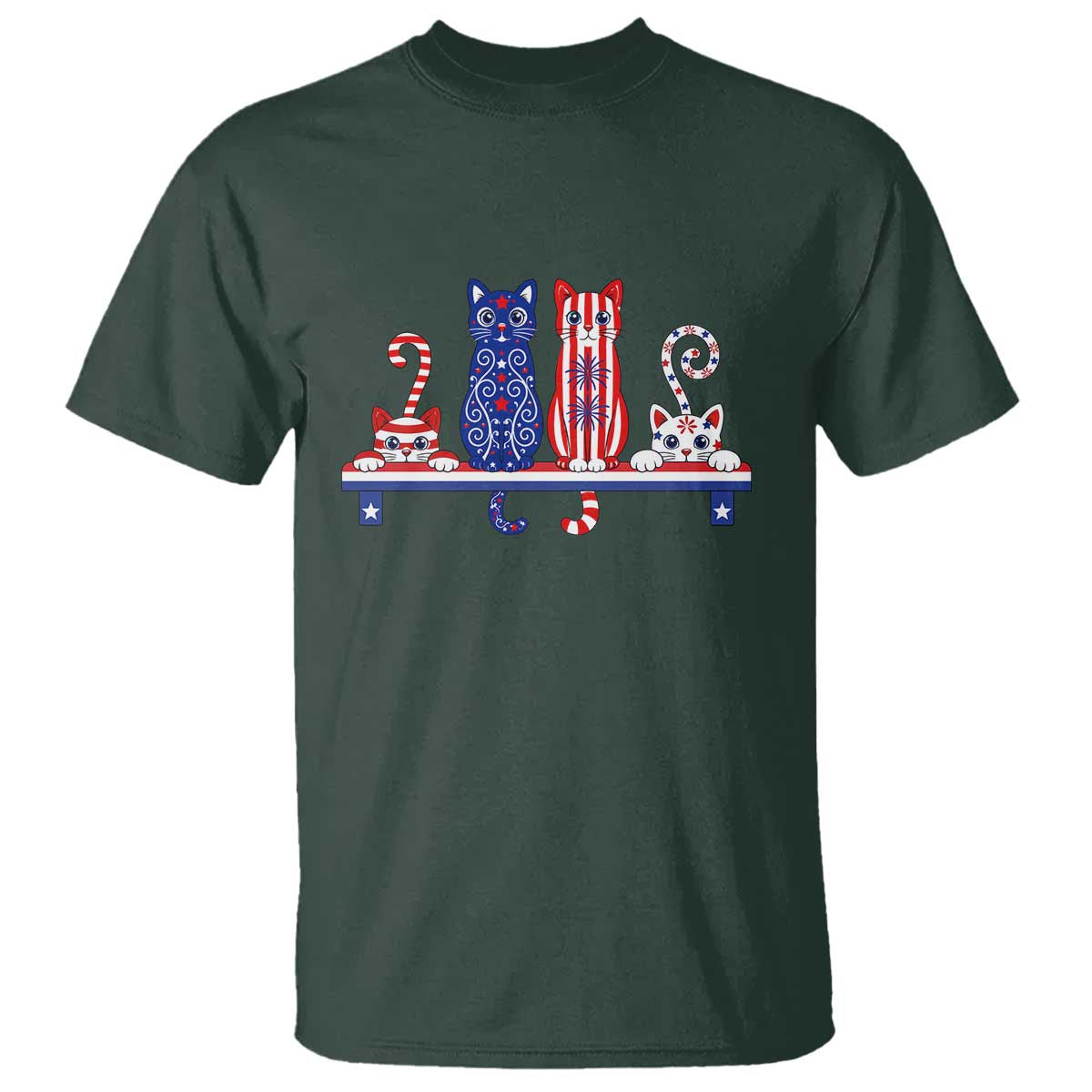 Red White And Blue Cute Cats T Shirt Patriotic Pet Lover TS12 Dark Forest Green Print Your Wear