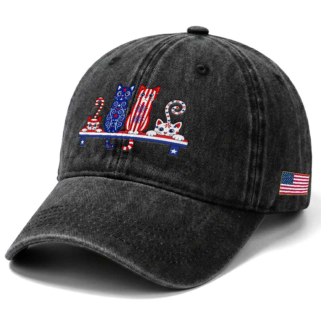 Red White And Blue Cute Cats Washed Cotton Baseball Cap Patriotic Pet Lover TS12 Print Your Wear