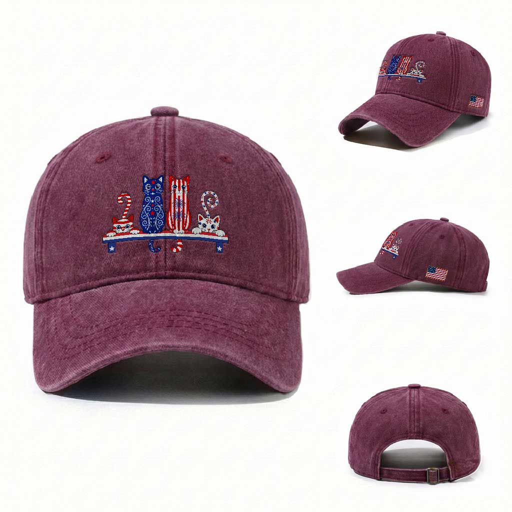 Red White And Blue Cute Cats Washed Cotton Baseball Cap Patriotic Pet Lover TS12 Washed Cap Universal Fit Burgundy Print Your Wear