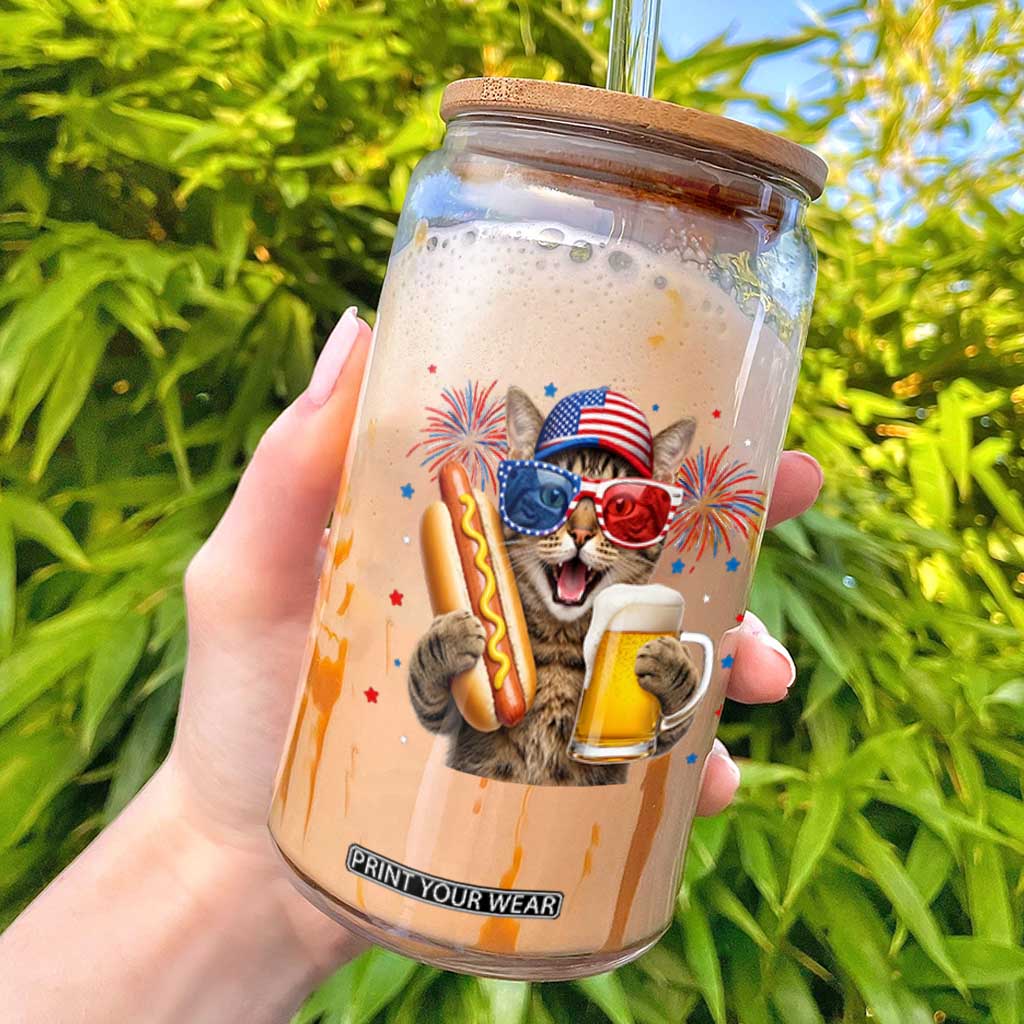 Beer And Hotdog Cat Glass Can Fourth Of July Celebration TS12 Black Print Your Wear