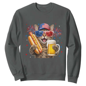 Beer And Hotdog Cat Sweatshirt Fourth Of July Celebration TS12 Dark Heather Print Your Wear