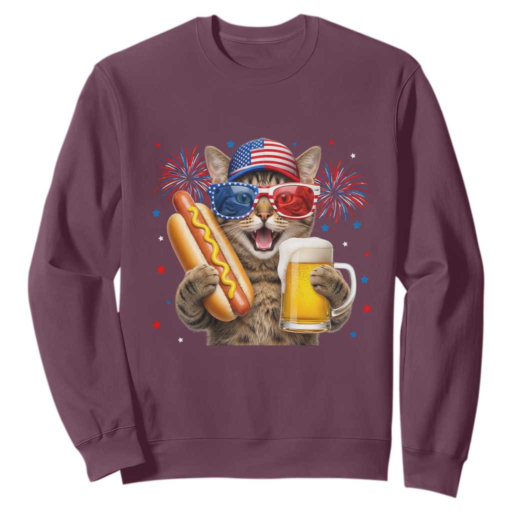 Beer And Hotdog Cat Sweatshirt Fourth Of July Celebration TS12 Maroon Print Your Wear