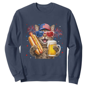 Beer And Hotdog Cat Sweatshirt Fourth Of July Celebration TS12 Navy Print Your Wear