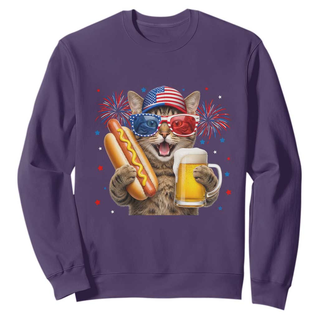 Beer And Hotdog Cat Sweatshirt Fourth Of July Celebration TS12 Purple Print Your Wear