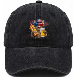 Beer And Hotdog Cat Washed Cotton Baseball Cap Fourth Of July Celebration TS12 Print Your Wear