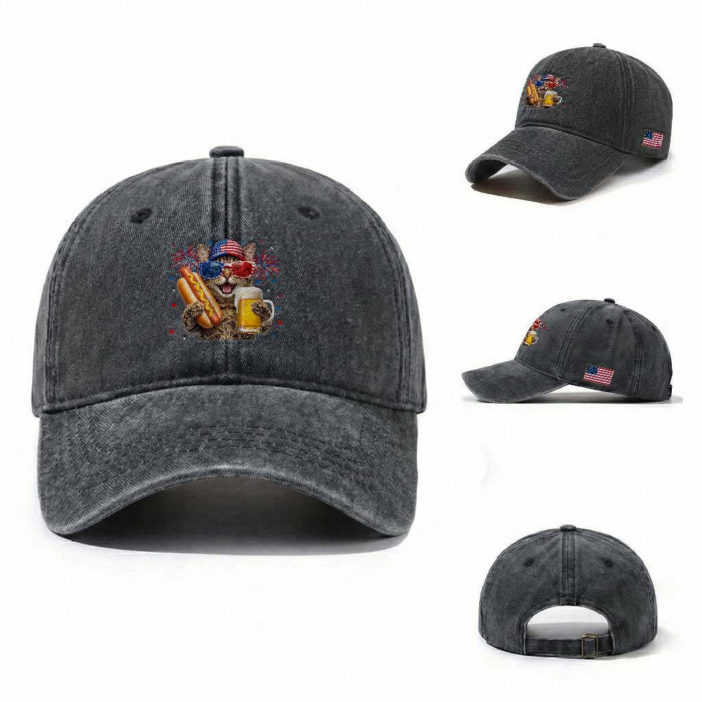 Beer And Hotdog Cat Washed Cotton Baseball Cap Fourth Of July Celebration TS12 Washed Cap Universal Fit Dark Gray Print Your Wear