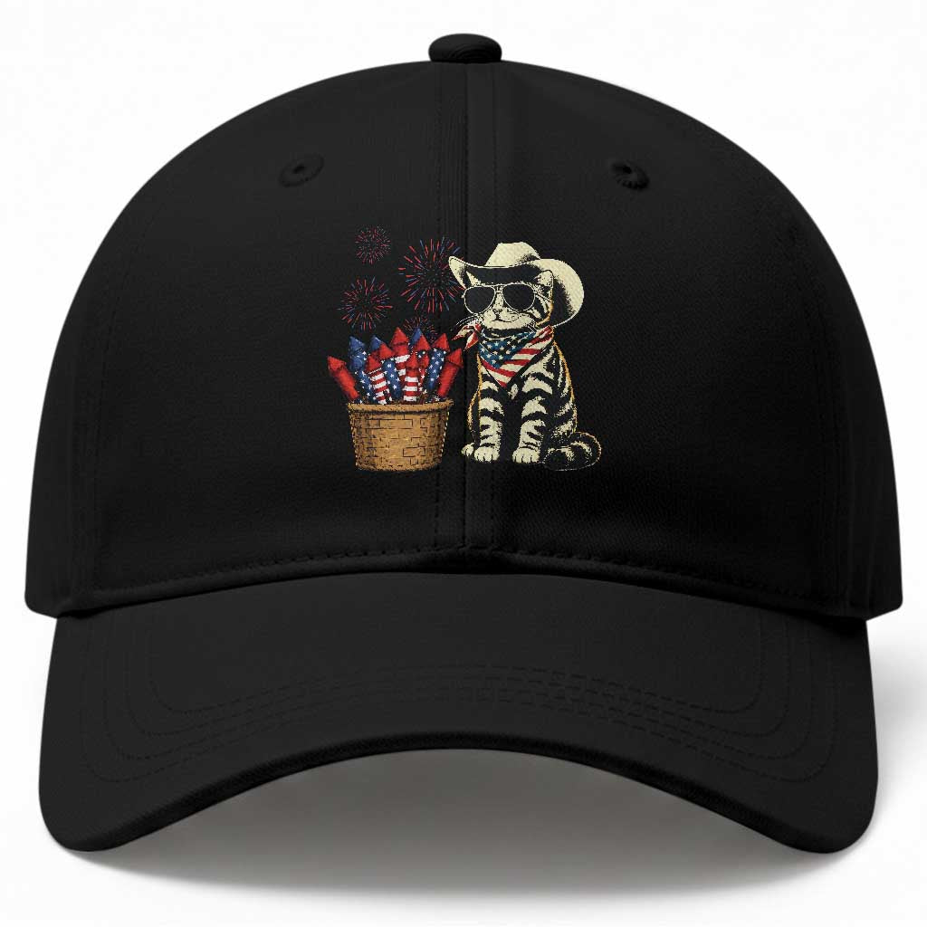 Patriotic Cowboy Cat Baseball Cap 4th Of July Fireworks Celebration TS12 Print Your Wear