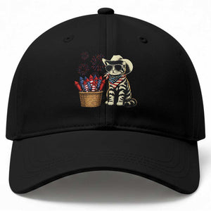 Patriotic Cowboy Cat Baseball Cap 4th Of July Fireworks Celebration TS12 Print Your Wear