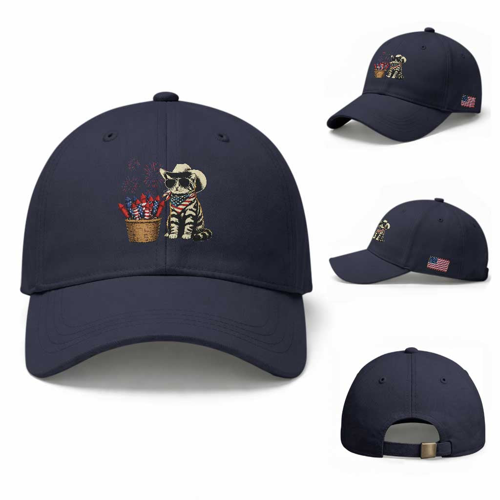 Patriotic Cowboy Cat Baseball Cap 4th Of July Fireworks Celebration TS12 Baseball Cap Universal Fit Navy Print Your Wear