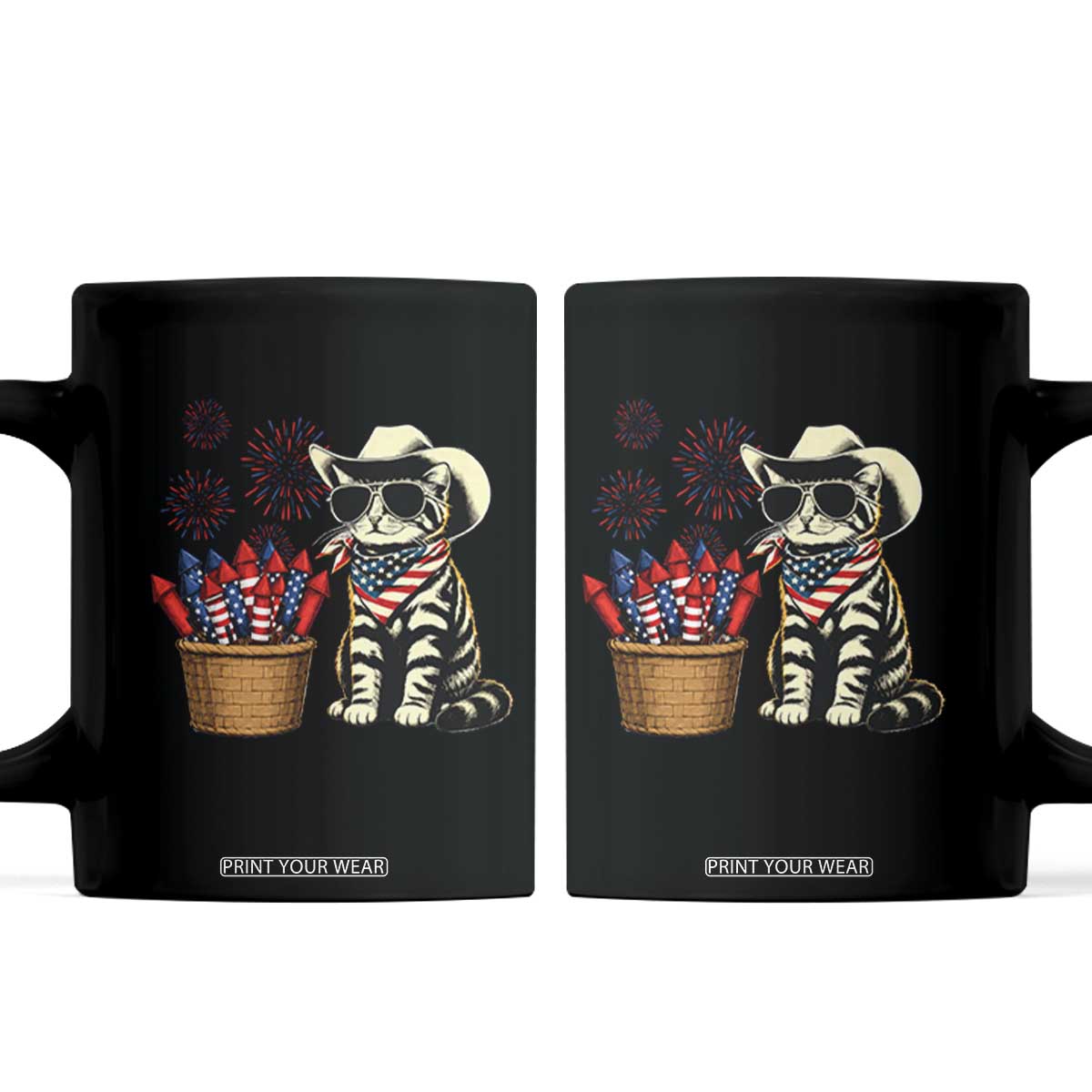 Patriotic Cowboy Cat Coffee Mug 4th Of July Fireworks Celebration TS12 Black Print Your Wear