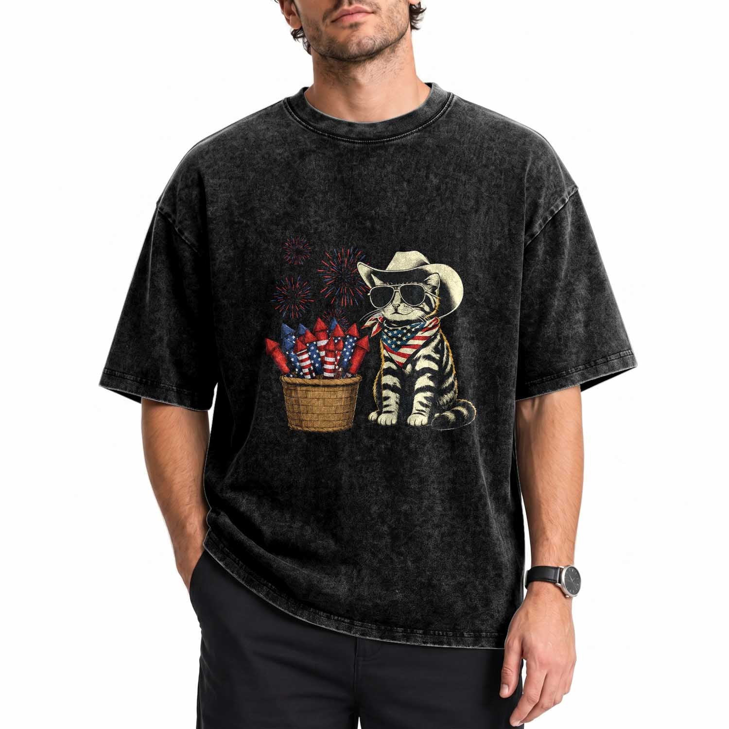 Patriotic Cowboy Cat Washed Cotton T-Shirt 4th Of July Fireworks Celebration