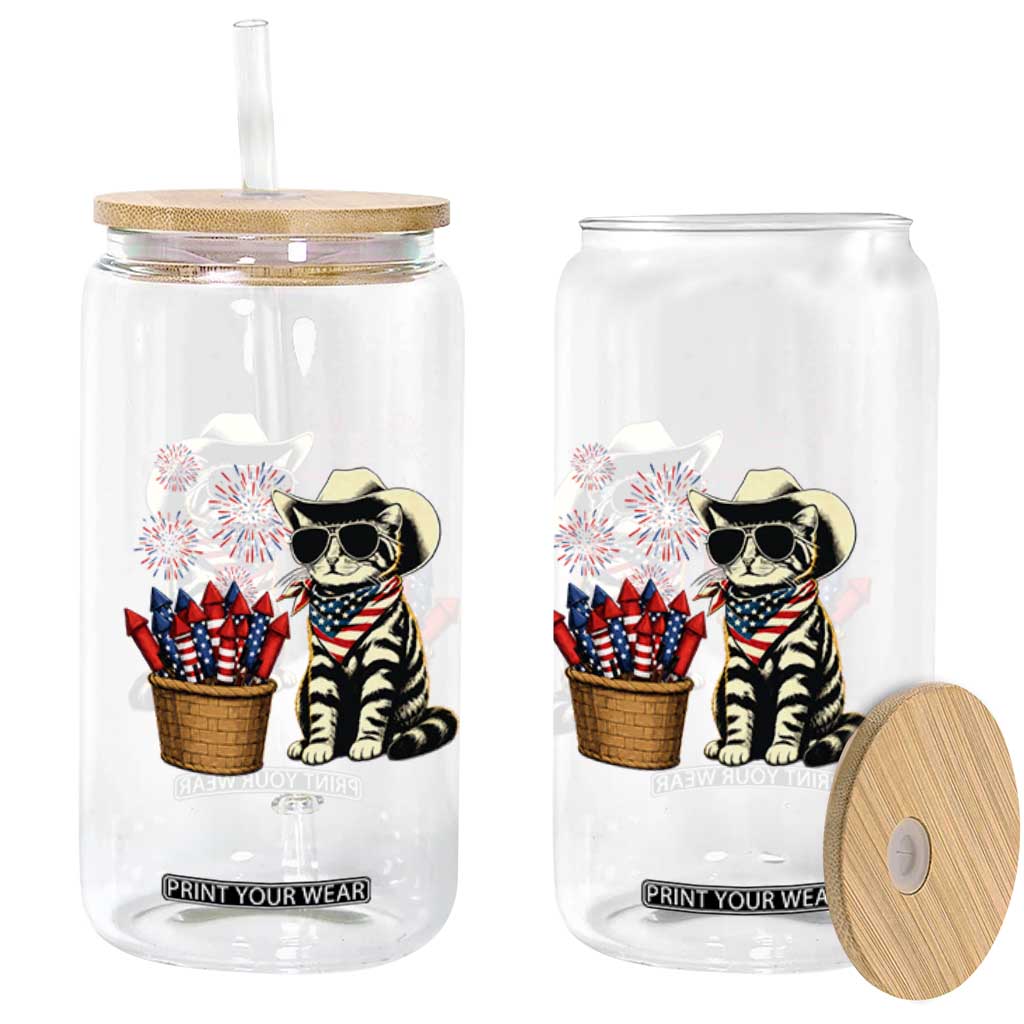 Patriotic Cowboy Cat Glass Can 4th Of July Fireworks Celebration TS12 Print Your Wear