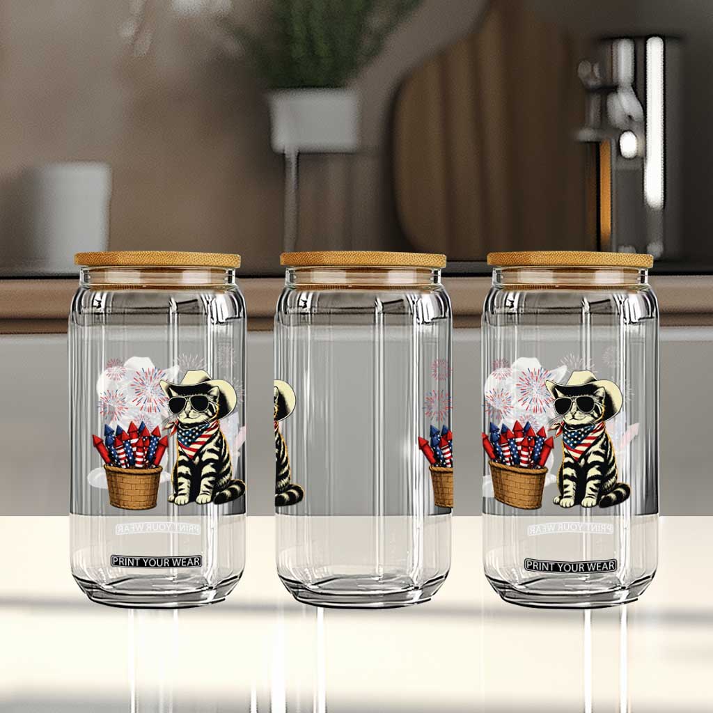 Patriotic Cowboy Cat Glass Can 4th Of July Fireworks Celebration TS12 Print Your Wear