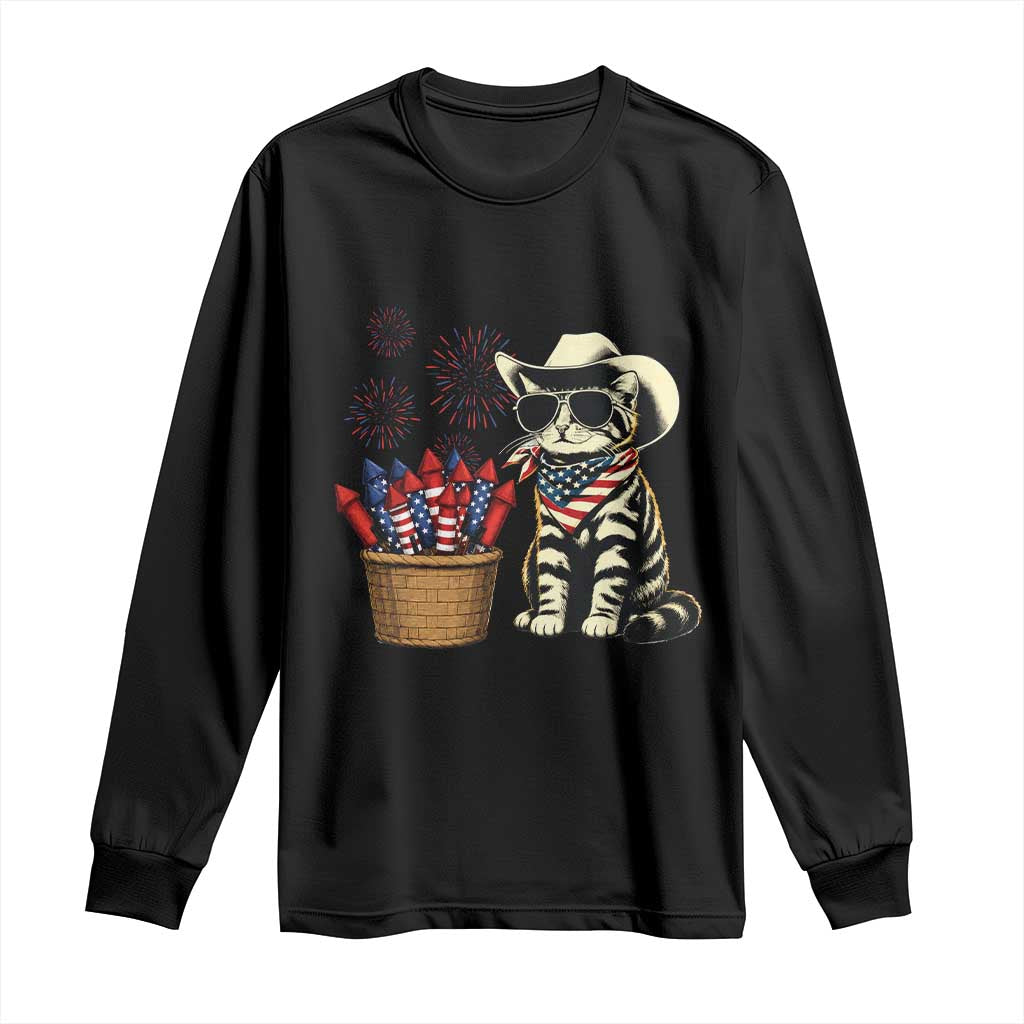 Patriotic Cowboy Cat Long Sleeve Shirt 4th Of July Fireworks Celebration TS12 Black Print Your Wear