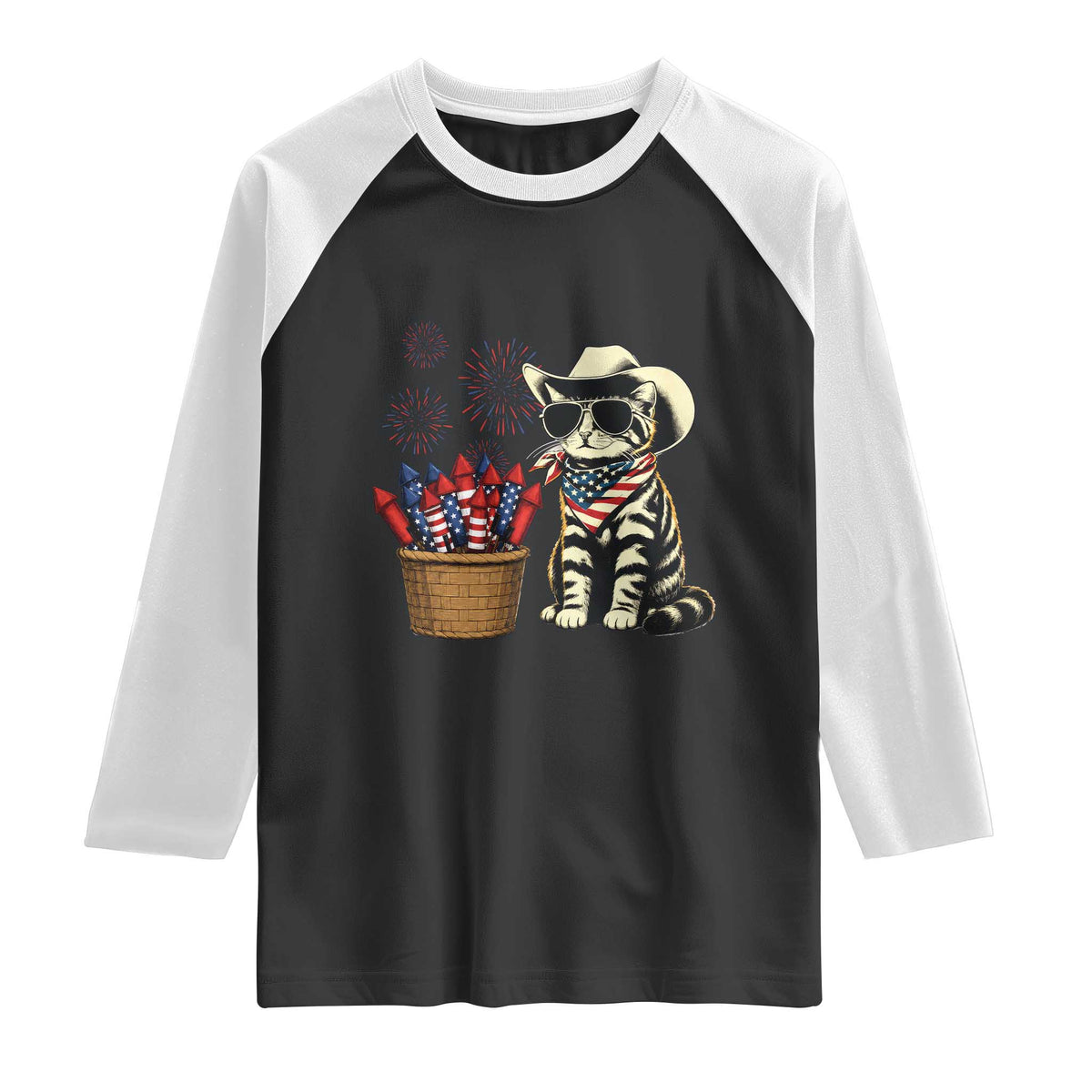 Patriotic Cowboy Cat Raglan Shirt 4th Of July Fireworks Celebration TS12 Black White Print Your Wear