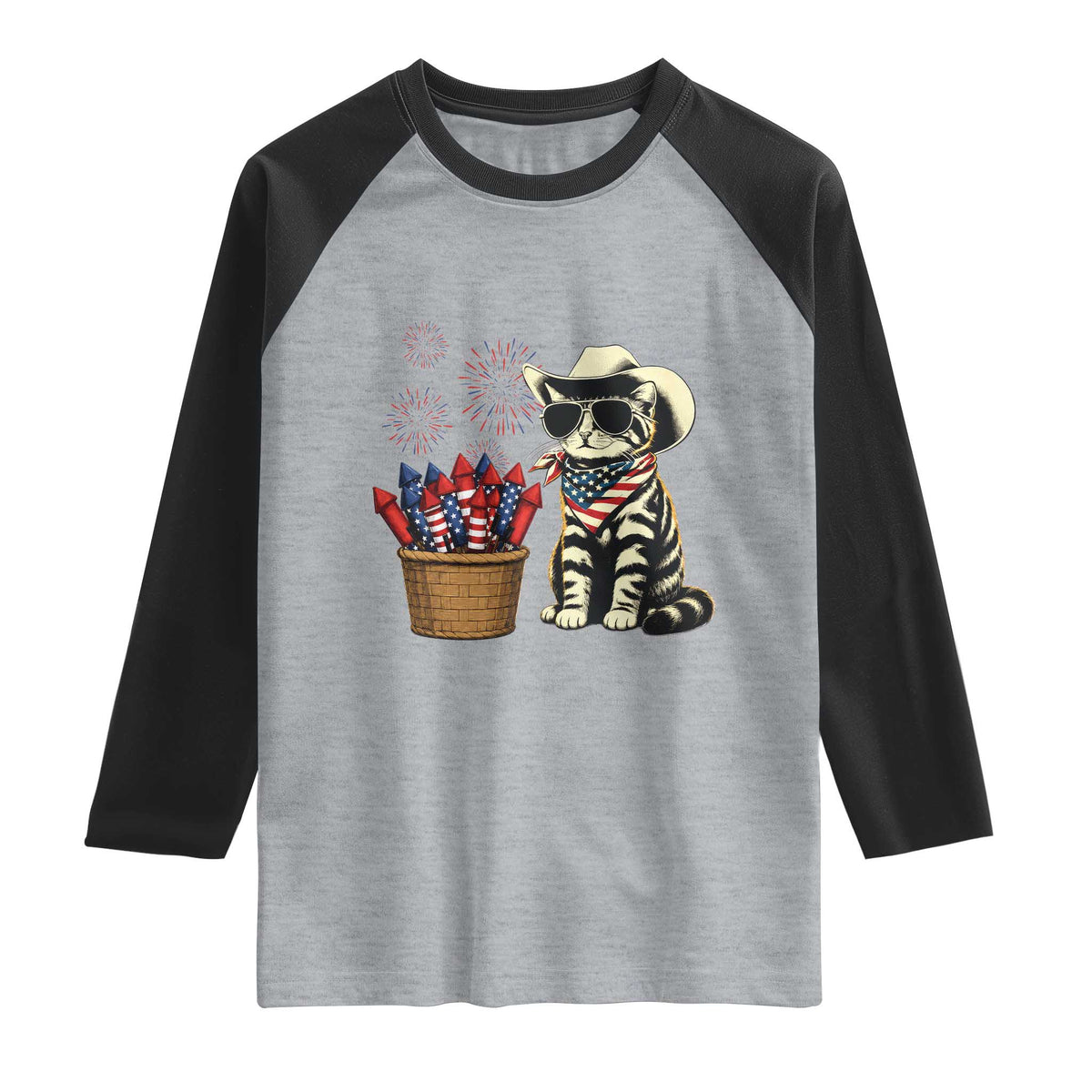 Patriotic Cowboy Cat Raglan Shirt 4th Of July Fireworks Celebration TS12 Heather Gray Black Print Your Wear