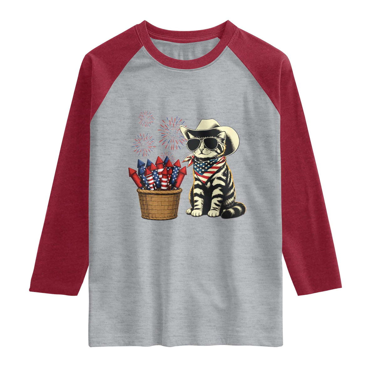 Patriotic Cowboy Cat Raglan Shirt 4th Of July Fireworks Celebration TS12 Heather Gray Heather Red Print Your Wear