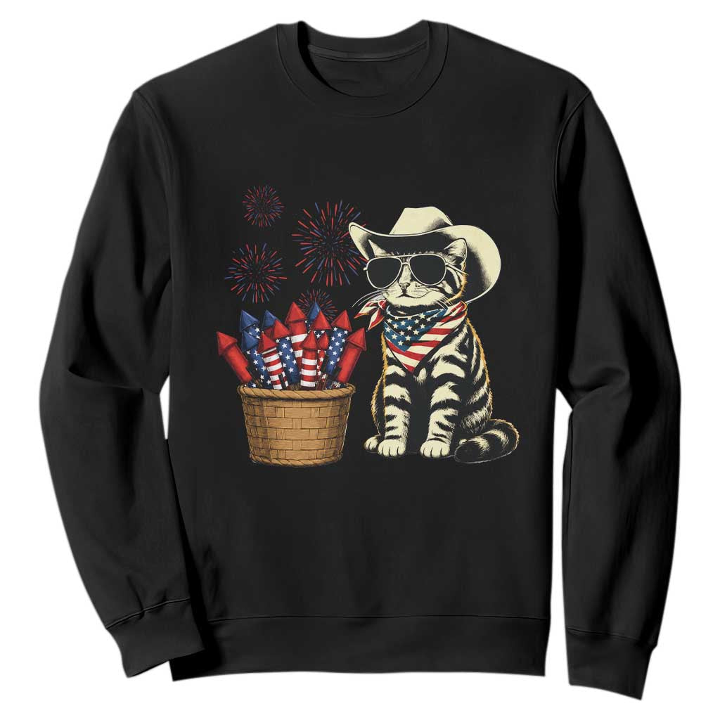Patriotic Cowboy Cat Sweatshirt 4th Of July Fireworks Celebration TS12 Black Print Your Wear