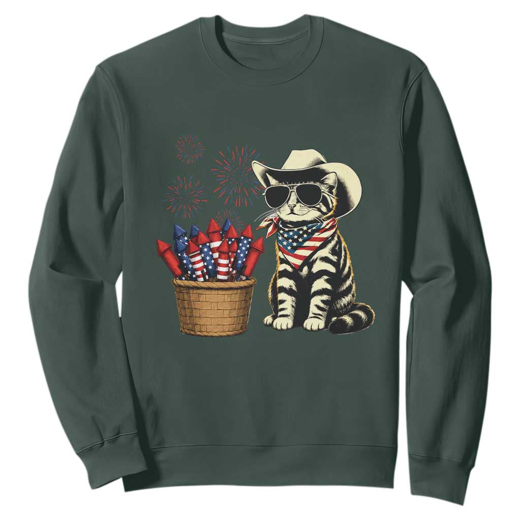 Patriotic Cowboy Cat Sweatshirt 4th Of July Fireworks Celebration TS12 Dark Forest Green Print Your Wear