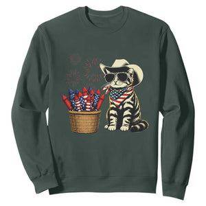 Patriotic Cowboy Cat Sweatshirt 4th Of July Fireworks Celebration TS12 Dark Forest Green Print Your Wear