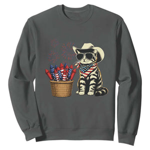 Patriotic Cowboy Cat Sweatshirt 4th Of July Fireworks Celebration TS12 Dark Heather Print Your Wear