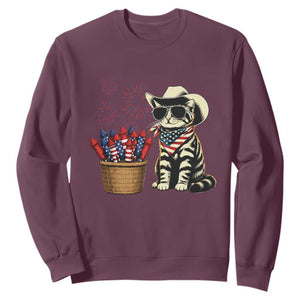 Patriotic Cowboy Cat Sweatshirt 4th Of July Fireworks Celebration TS12 Maroon Print Your Wear