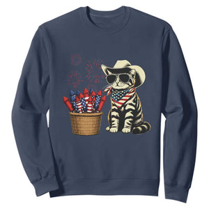 Patriotic Cowboy Cat Sweatshirt 4th Of July Fireworks Celebration TS12 Navy Print Your Wear