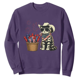 Patriotic Cowboy Cat Sweatshirt 4th Of July Fireworks Celebration TS12 Purple Print Your Wear