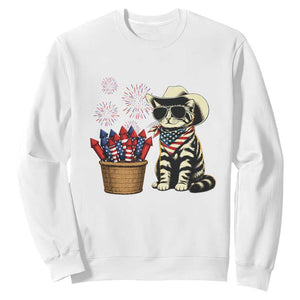 Patriotic Cowboy Cat Sweatshirt 4th Of July Fireworks Celebration TS12 White Print Your Wear