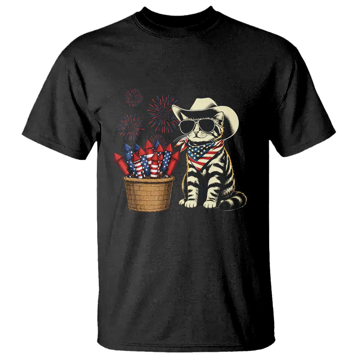 Patriotic Cowboy Cat T Shirt 4th Of July Fireworks Celebration TS12 Black Print Your Wear