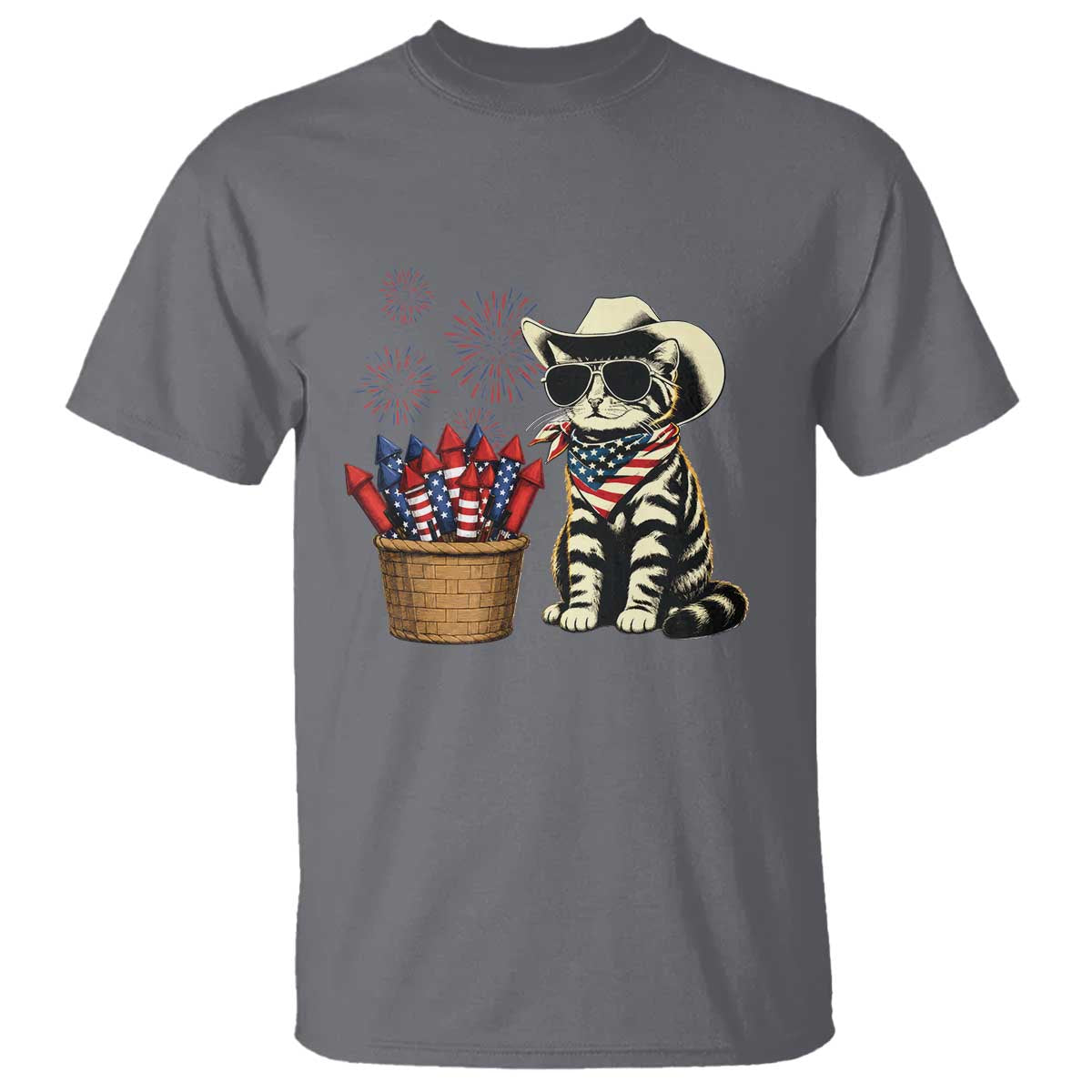 Patriotic Cowboy Cat T Shirt 4th Of July Fireworks Celebration TS12 Charcoal Print Your Wear