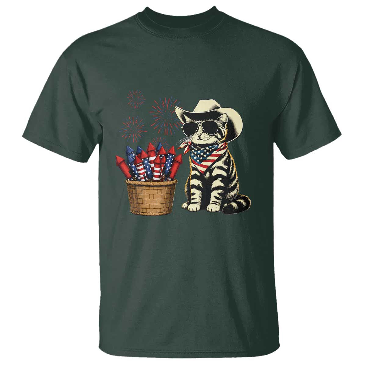 Patriotic Cowboy Cat T Shirt 4th Of July Fireworks Celebration TS12 Dark Forest Green Print Your Wear
