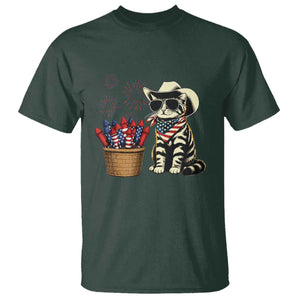Patriotic Cowboy Cat T Shirt 4th Of July Fireworks Celebration TS12 Dark Forest Green Print Your Wear