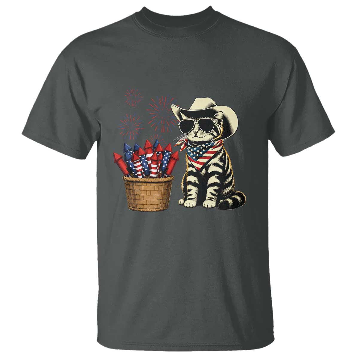 Patriotic Cowboy Cat T Shirt 4th Of July Fireworks Celebration TS12 Dark Heather Print Your Wear