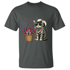 Patriotic Cowboy Cat T Shirt 4th Of July Fireworks Celebration TS12 Dark Heather Print Your Wear