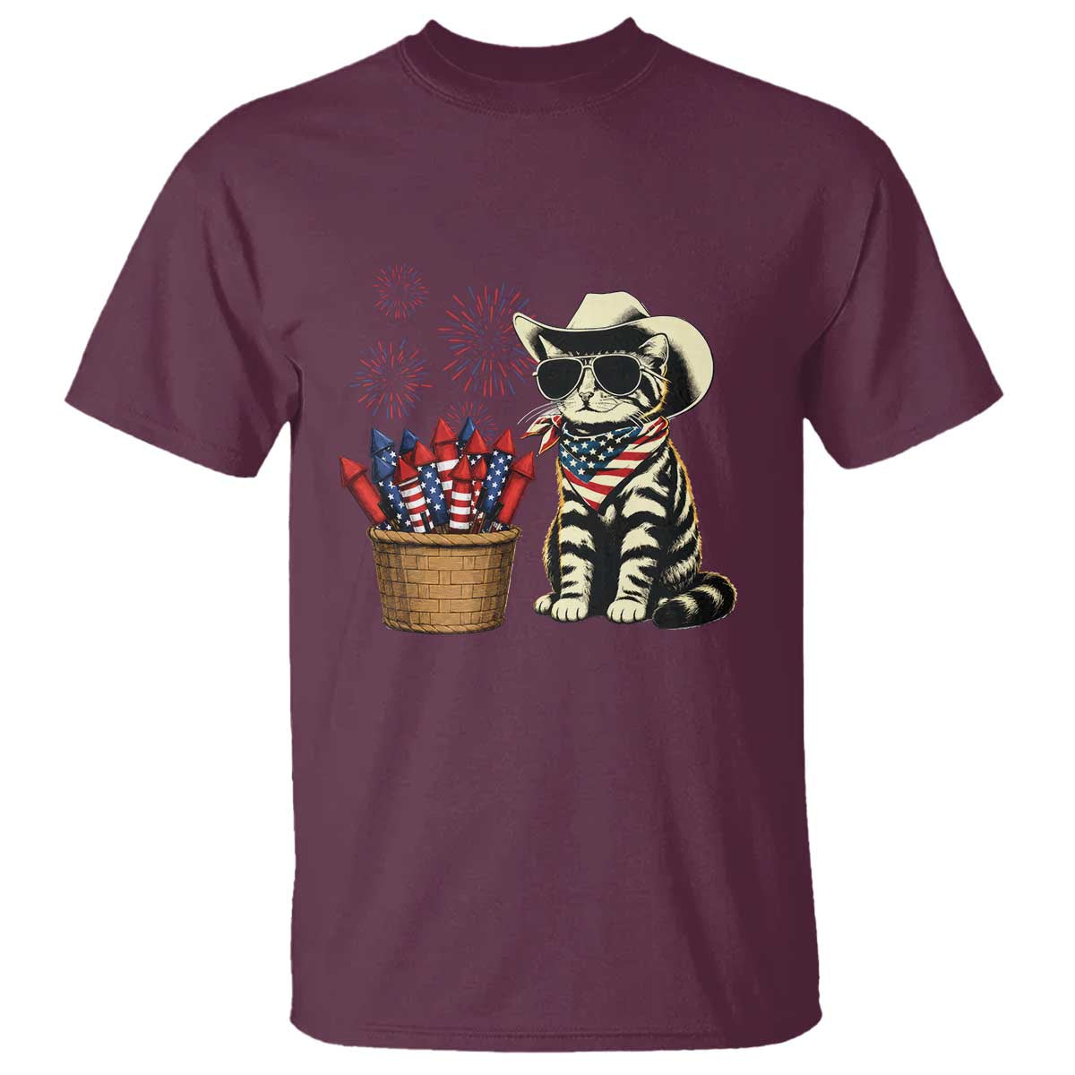 Patriotic Cowboy Cat T Shirt 4th Of July Fireworks Celebration TS12 Maroon Print Your Wear