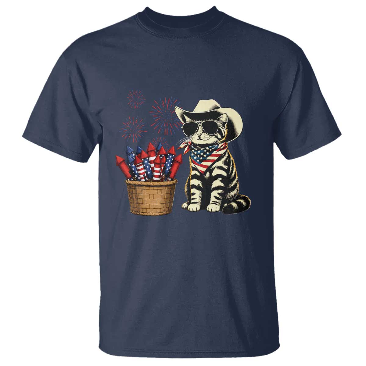 Patriotic Cowboy Cat T Shirt 4th Of July Fireworks Celebration TS12 Navy Print Your Wear
