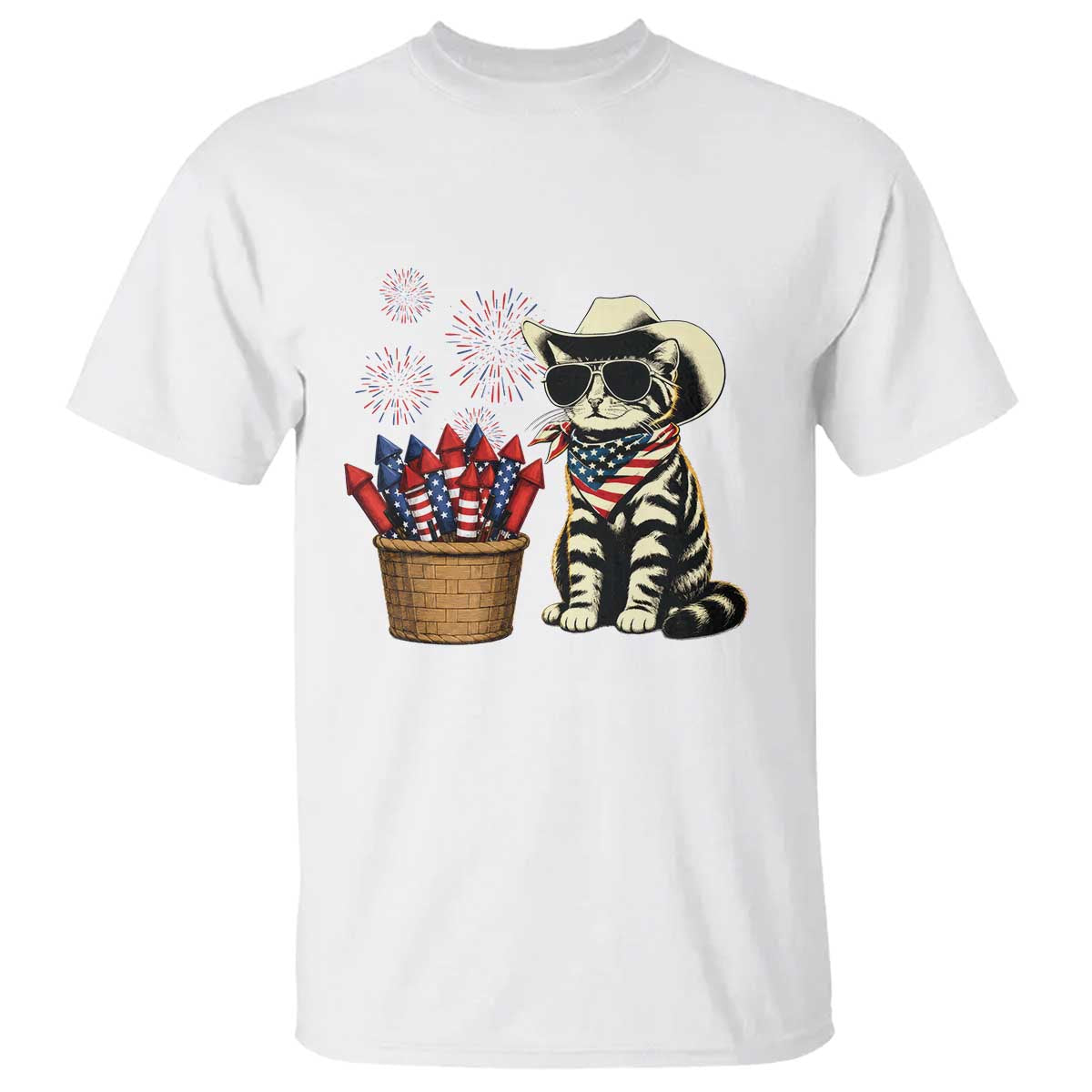 Patriotic Cowboy Cat T Shirt 4th Of July Fireworks Celebration TS12 White Print Your Wear