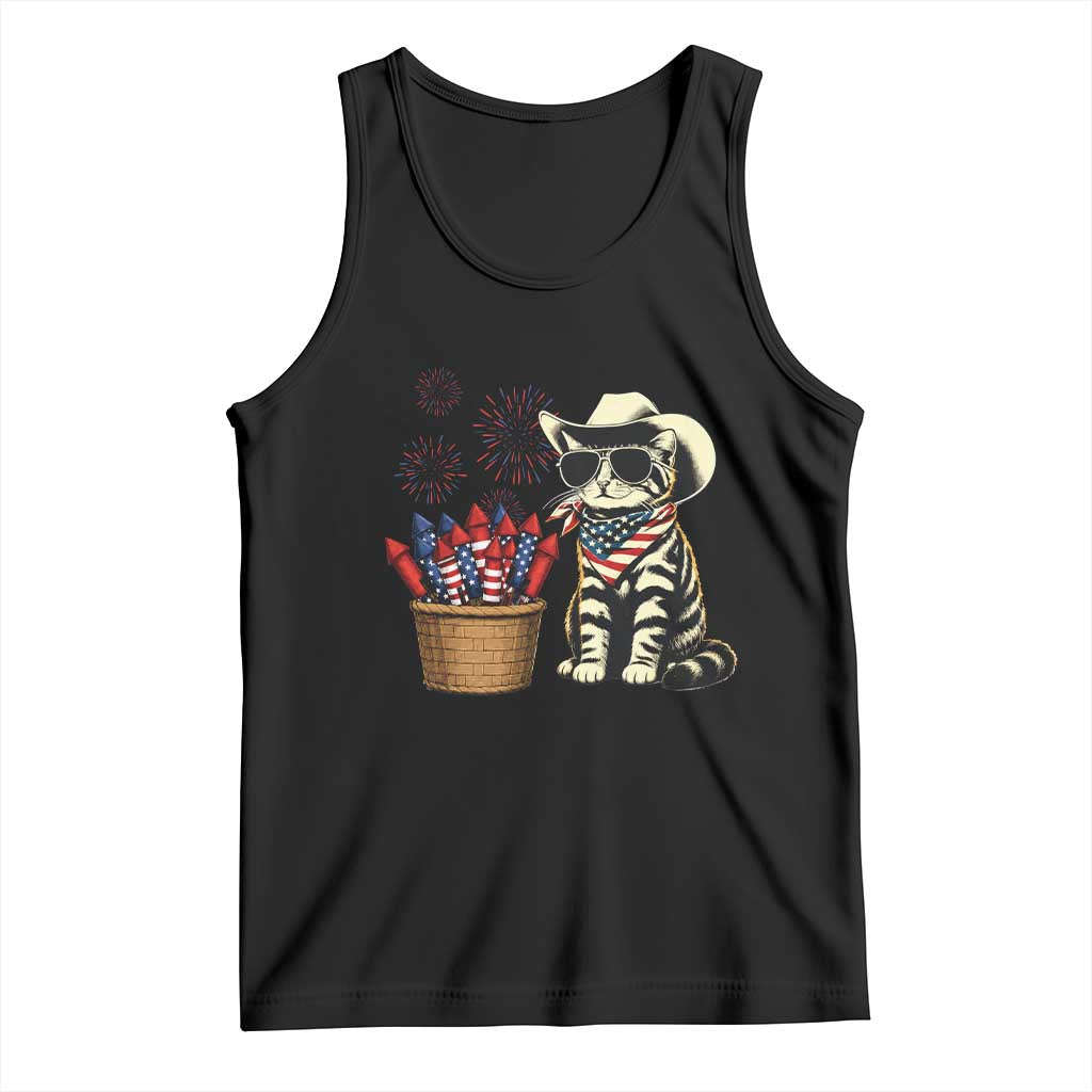 Patriotic Cowboy Cat Tank Top 4th Of July Fireworks Celebration TS12 Black Print Your Wear