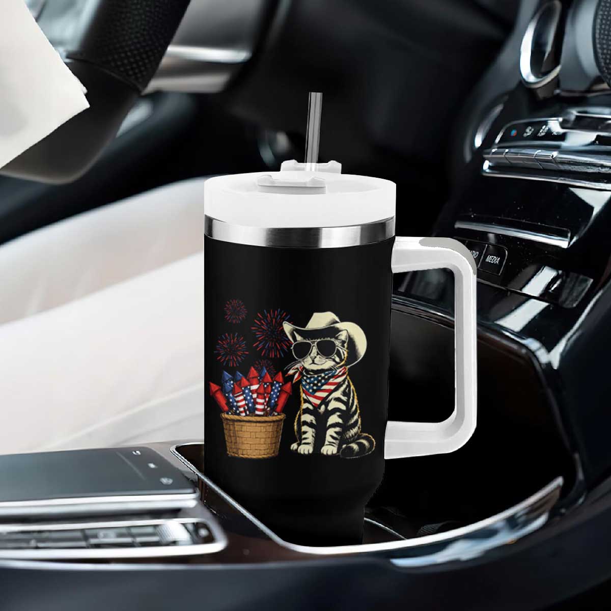 Patriotic Cowboy Cat Tumbler With Handle 4th Of July Fireworks Celebration TS12 Print Your Wear