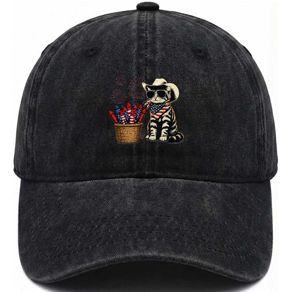 Patriotic Cowboy Cat Washed Cotton Baseball Cap 4th Of July Fireworks Celebration TS12 Print Your Wear