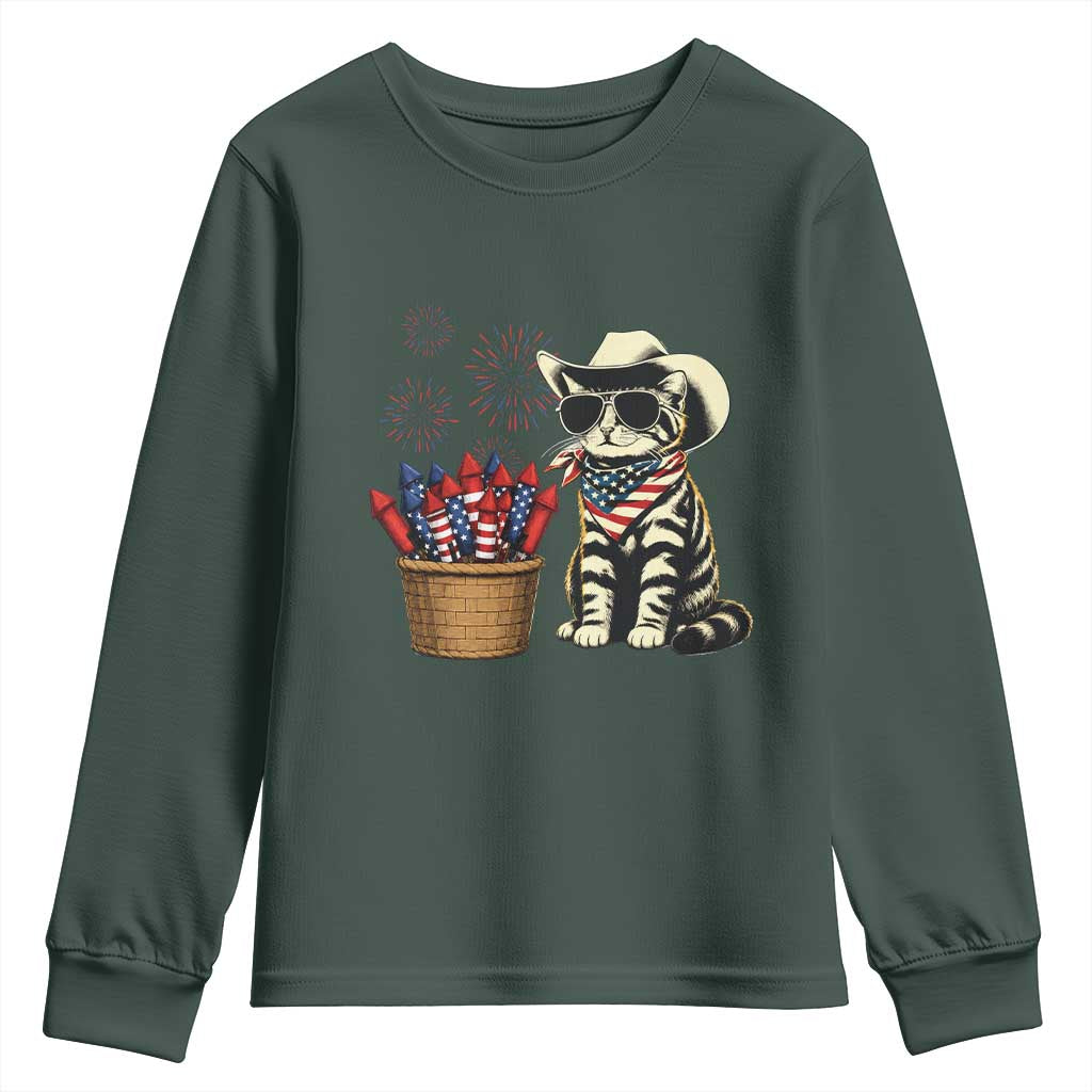 Patriotic Cowboy Cat Youth Sweatshirt 4th Of July Fireworks Celebration TS12 Dark Forest Green Print Your Wear