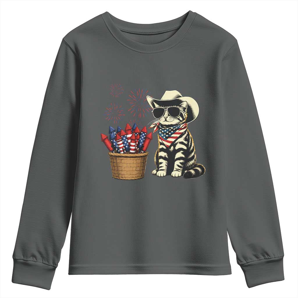 Patriotic Cowboy Cat Youth Sweatshirt 4th Of July Fireworks Celebration TS12 Dark Heather Print Your Wear