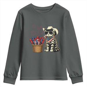 Patriotic Cowboy Cat Youth Sweatshirt 4th Of July Fireworks Celebration TS12 Dark Heather Print Your Wear
