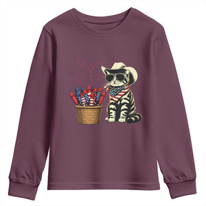 Patriotic Cowboy Cat Youth Sweatshirt 4th Of July Fireworks Celebration TS12 Maroon Print Your Wear