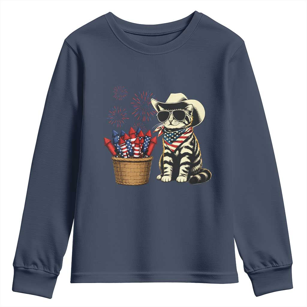 Patriotic Cowboy Cat Youth Sweatshirt 4th Of July Fireworks Celebration TS12 Navy Print Your Wear