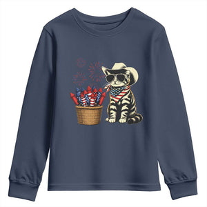 Patriotic Cowboy Cat Youth Sweatshirt 4th Of July Fireworks Celebration TS12 Navy Print Your Wear