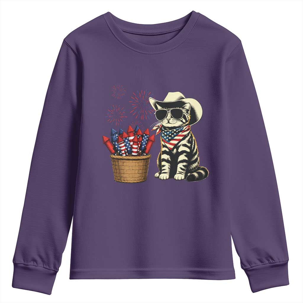 Patriotic Cowboy Cat Youth Sweatshirt 4th Of July Fireworks Celebration TS12 Purple Print Your Wear